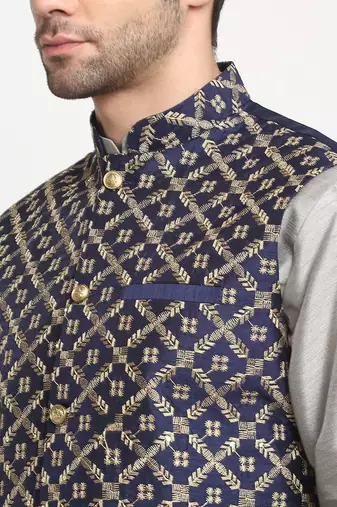 Men Silk Silver Kurta Churidar With Navy Blue Embroided Nehru Jacket Set
