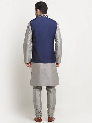 Men Silk Silver Kurta Churidar With Navy Blue Embroided Nehru Jacket Set 3
