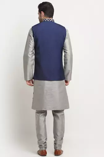 Men Silk Silver Kurta Churidar With Navy Blue Embroided Nehru Jacket Set