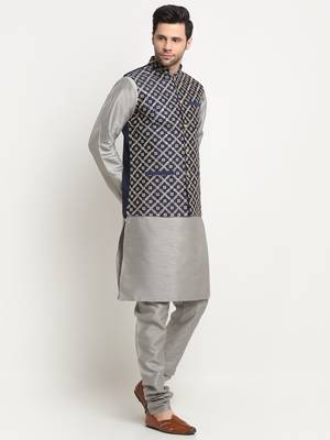 Men Silk Silver Kurta Churidar With Navy Blue Embroided Nehru Jacket Set 4