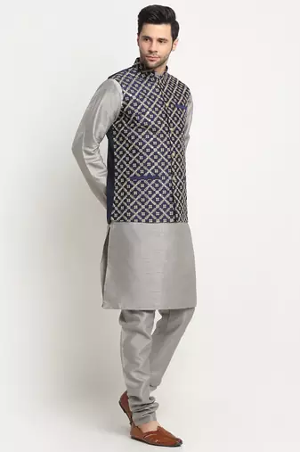 Men Silk Silver Kurta Churidar With Navy Blue Embroided Nehru Jacket Set