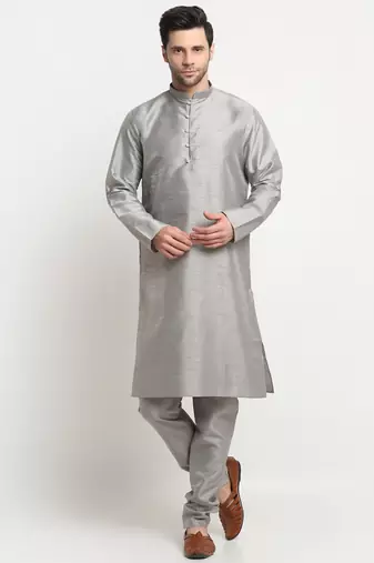 Men Silk Silver Kurta Churidar With Navy Blue Embroided Nehru Jacket Set