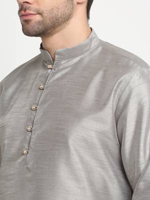 Men Silk Silver Kurta Churidar With Navy Blue Embroided Nehru Jacket Set 6