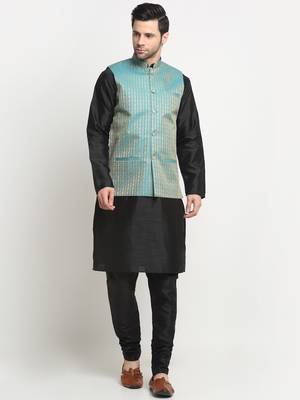 Men Silk Black Kurta Churidar with Blue Nehru Jacket Set 1