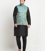 Men Silk Black Kurta Churidar with Blue Nehru Jacket Set