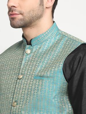 Men Silk Black Kurta Churidar with Blue Nehru Jacket Set 2