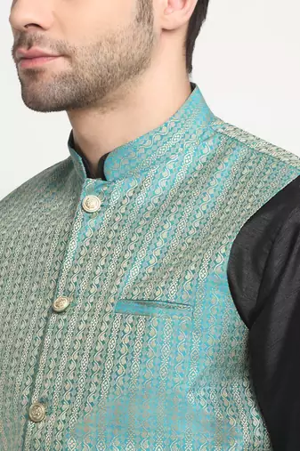 Men Silk Black Kurta Churidar with Blue Nehru Jacket Set