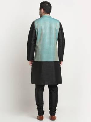 Men Silk Black Kurta Churidar with Blue Nehru Jacket Set 3