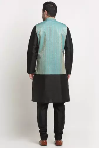 Men Silk Black Kurta Churidar with Blue Nehru Jacket Set