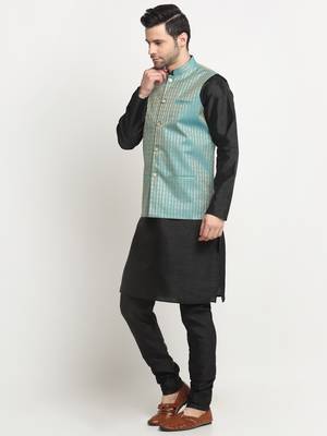 Men Silk Black Kurta Churidar with Blue Nehru Jacket Set 4