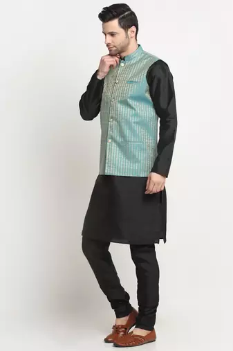 Men Silk Black Kurta Churidar with Blue Nehru Jacket Set