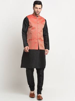 Men Silk Black Kurta Churidar with Red Nehru Jacket Set 1