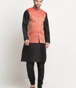 Men Silk Black Kurta Churidar with Red Nehru Jacket Set