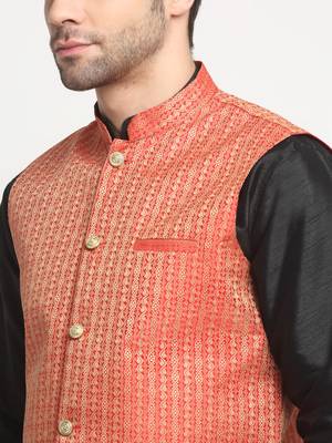 Men Silk Black Kurta Churidar with Red Nehru Jacket Set 2