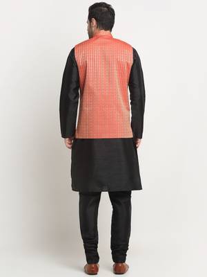 Men Silk Black Kurta Churidar with Red Nehru Jacket Set 3