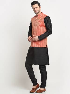 Men Silk Black Kurta Churidar with Red Nehru Jacket Set 4