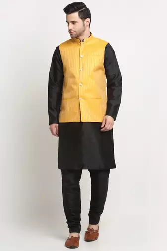 Men Silk Black Kurta Churidar with Yellow Nehru Jacket Set