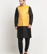 Men Silk Black Kurta Churidar with Yellow Nehru Jacket Set