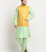 Men Silk Sea Green Kurta Churidar with Yellow Nehru Jacket Set