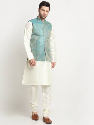 Men Silk Cream Kurta Churidar with Blue Nehru Jacket Set 1