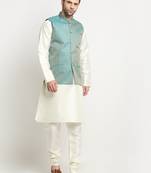 Men Silk Cream Kurta Churidar with Blue Nehru Jacket Set