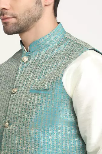 Men Silk Cream Kurta Churidar with Blue Nehru Jacket Set