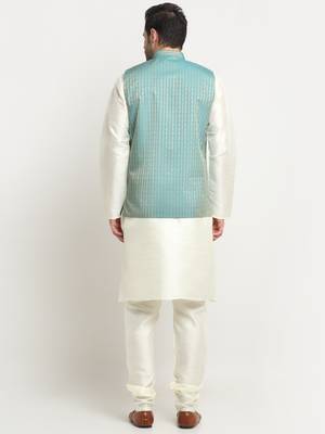 Men Silk Cream Kurta Churidar with Blue Nehru Jacket Set 3