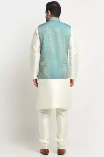 Men Silk Cream Kurta Churidar with Blue Nehru Jacket Set