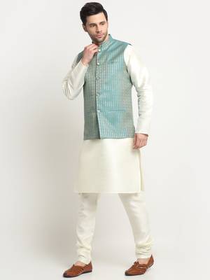 Men Silk Cream Kurta Churidar with Blue Nehru Jacket Set 4
