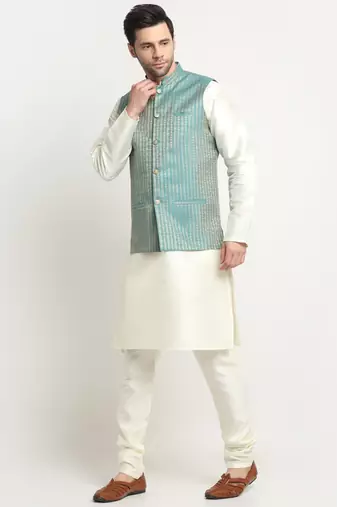 Men Silk Cream Kurta Churidar with Blue Nehru Jacket Set
