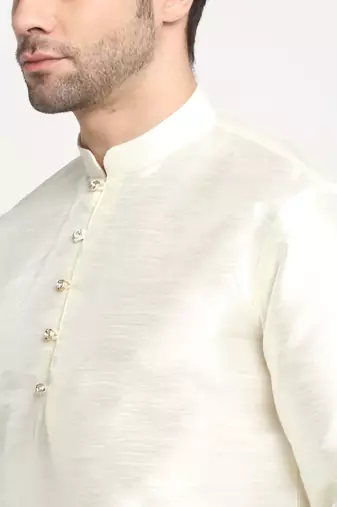 Men Silk Cream Kurta Churidar with Blue Nehru Jacket Set