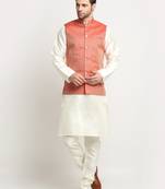 Men Silk Cream Kurta Churidar with Red Nehru Jacket Set