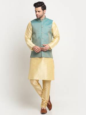 Men Silk Beige Kurta Churidar with Blue Nehru Jacket Set 1
