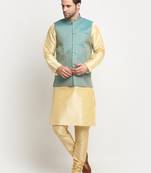 Men Silk Beige Kurta Churidar with Blue Nehru Jacket Set