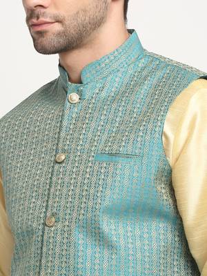 Men Silk Beige Kurta Churidar with Blue Nehru Jacket Set 2