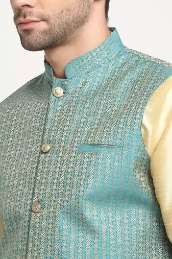 Men Silk Beige Kurta Churidar with Blue Nehru Jacket Set