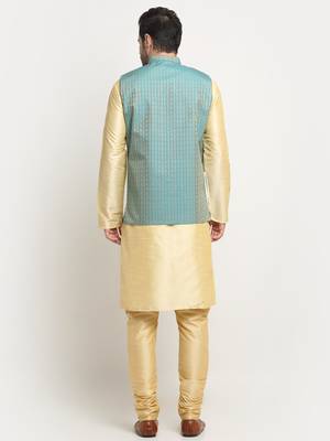 Men Silk Beige Kurta Churidar with Blue Nehru Jacket Set 3