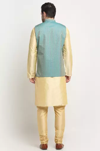 Men Silk Beige Kurta Churidar with Blue Nehru Jacket Set