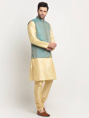 Men Silk Beige Kurta Churidar with Blue Nehru Jacket Set 4