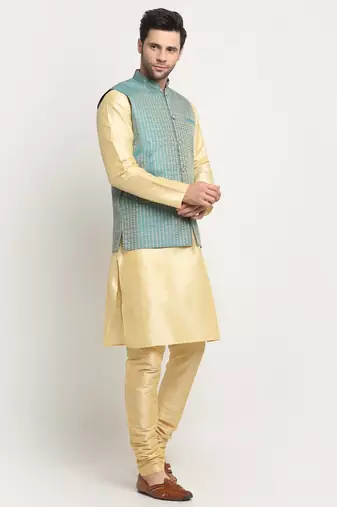 Men Silk Beige Kurta Churidar with Blue Nehru Jacket Set
