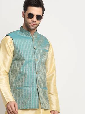 Men Silk Beige Kurta Churidar with Blue Nehru Jacket Set 5