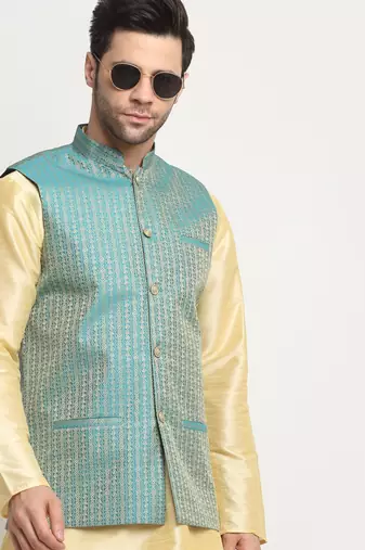 Men Silk Beige Kurta Churidar with Blue Nehru Jacket Set