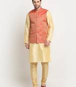 Men Silk Beige Kurta Churidar with Red Nehru Jacket Set