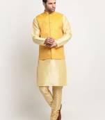 Men Silk Beige Kurta Churidar with Yellow Nehru Jacket Set