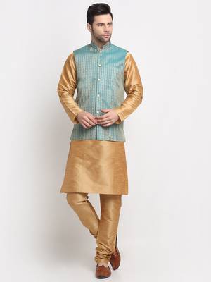 Men Silk Gold Kurta Churidar with Blue Nehru Jacket Set 1