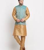 Men Silk Gold Kurta Churidar with Blue Nehru Jacket Set