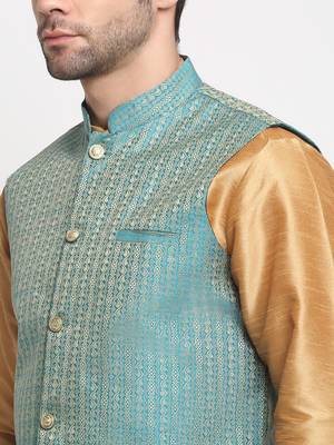 Men Silk Gold Kurta Churidar with Blue Nehru Jacket Set 2