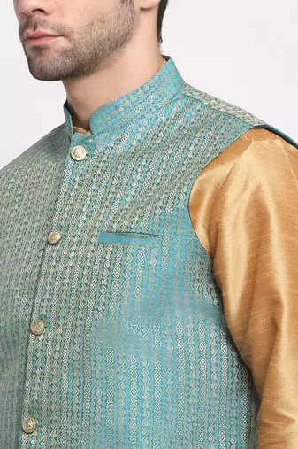 Men Silk Gold Kurta Churidar with Blue Nehru Jacket Set