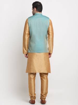 Men Silk Gold Kurta Churidar with Blue Nehru Jacket Set 3