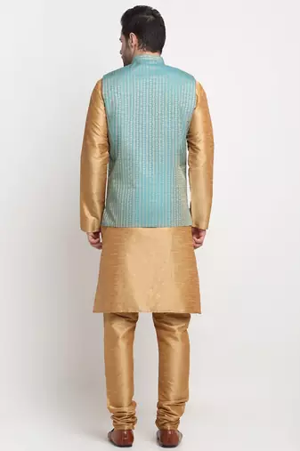 Men Silk Gold Kurta Churidar with Blue Nehru Jacket Set